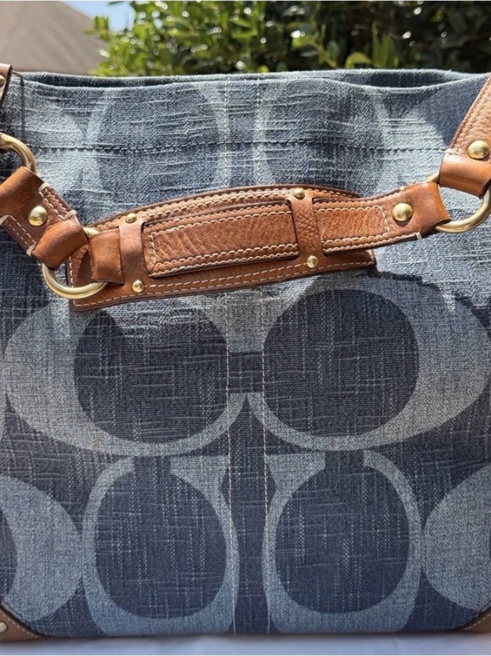 Coach Blue Signature Canvas Shoulder Bag with Tan Leather Trim
